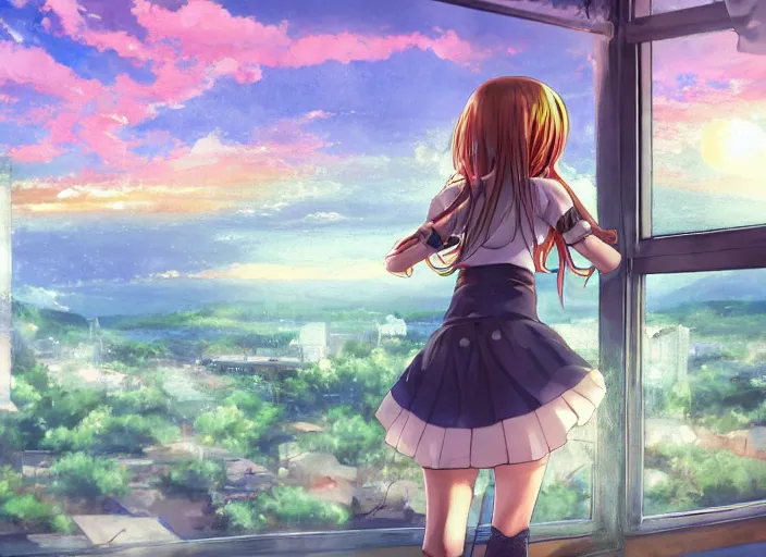 Image similar to anime girl in skirt looking out the window at megopolois and sunset, dynamic composition, motion, ultra-detailed, incredibly detailed, a lot of details, amazing fine details and brush strokes, colorful and grayish palette, smooth, HD semirealistic anime CG concept art digital painting, watercolor oil painting of Clean and detailed post-cyberpunk sci-fi close-up schoolgirl in asian city in style of cytus and deemo, blue flame, relaxing, calm and mysterious vibes,, by a Chinese artist at ArtStation, by Huang Guangjian, Fenghua Zhong, Ruan Jia, Xin Jin and Wei Chang. Realistic artwork of a Chinese videogame, gradients, gentle an harmonic grayish colors. set in half-life 2, Matrix, GITS, Blade Runner, Neotokyo Source, Syndicate(2012), dynamic composition, beautiful with eerie vibes, very inspirational, very stylish, with gradients, surrealistic, dystopia, postapocalyptic vibes, depth of field, mist, rich cinematic atmosphere, perfect digital art, mystical journey in strange world
