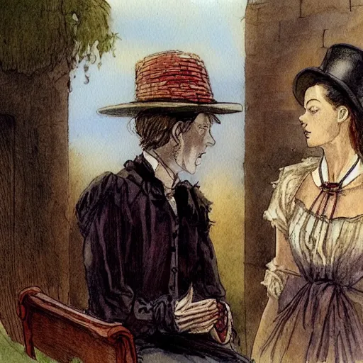 Image similar to a mummy in victorian clothes hat has an intimate conversation with a woman in victorian clothes, watercolor graphic novel style by alan lee and john howe, style of professors daughter