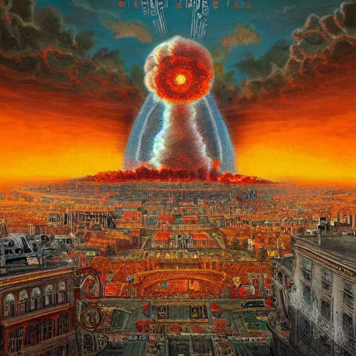 Image similar to nuclear bomb exploding in the center of a city, detailed 1 9 2 0 ’ s colored pencil, highly detailed, highly accurate, deep aesthetic, 8 k, highly ornate intricate details, cinematic lighting, rich colors, ray tracing, hyperrealistic, photorealistic, cinematic landscape, trending on artstation,