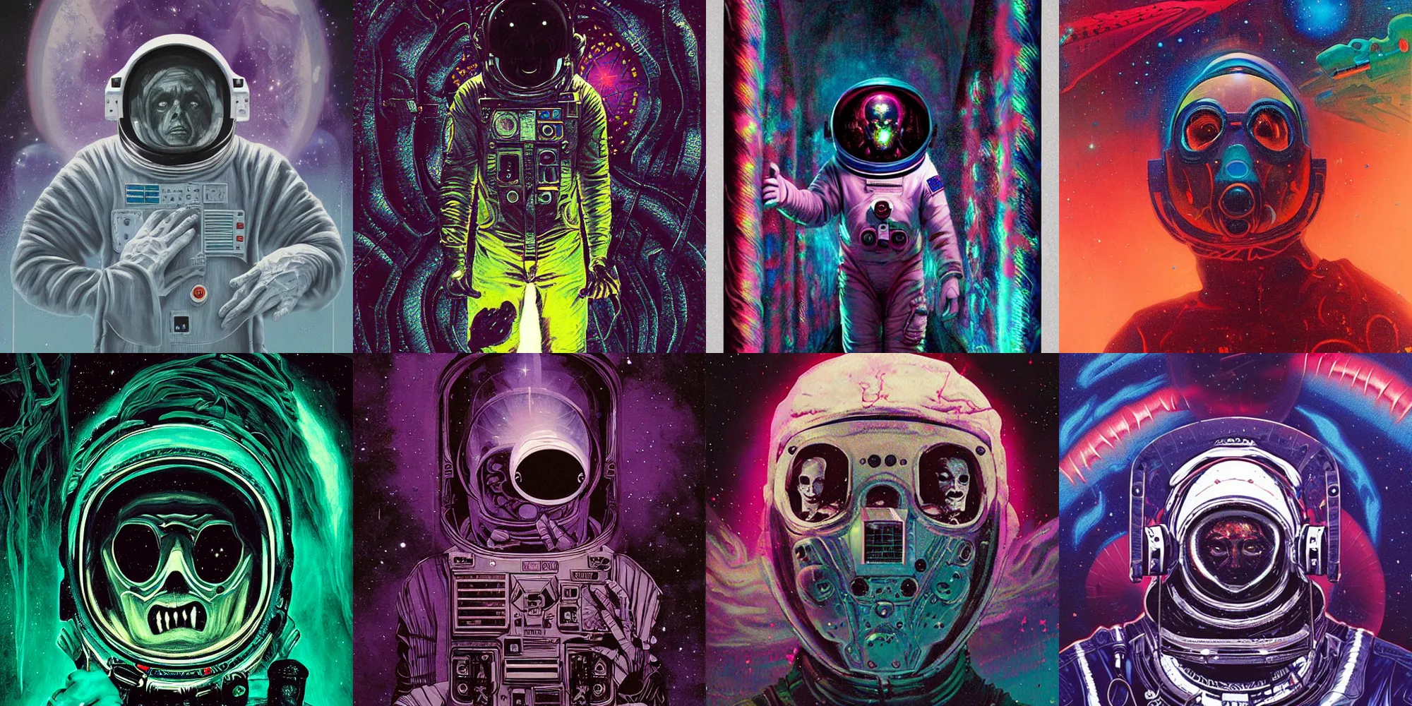 Image similar to astronaut, horror poster 9 0 s, cosmic horror, abstract, ghostly, arcade, duotone, poltergeist, lets get weird, intricate, elegant, highly detailed, digital painting, artstation, smooth, sharp focus, art by mondo, julian del rey and greg rutkowski, david la chapelle, ultraviolet colors,