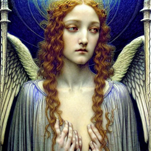 Image similar to detailed realistic beautiful young radiant medieval angel queen portrait by jean delville, gustave dore and marco mazzoni, art nouveau, symbolist, visionary, gothic, pre - raphaelite, horizontal symmetry