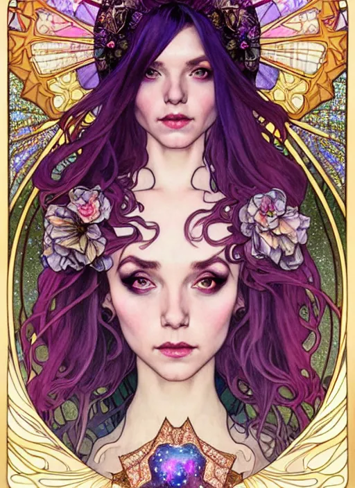 Image similar to fantastic portrait of a beautiftul witch with some shinny star, cloak, royally decorated crystal gemstones, symmetrical face, art nouveau, portrait, cute, fairy, by artgerm, kelly mckernan, mai yoneyama, alphonse mucha, detailed background, artstation, intricate, elegant, highly detailed, colorful, maximalist