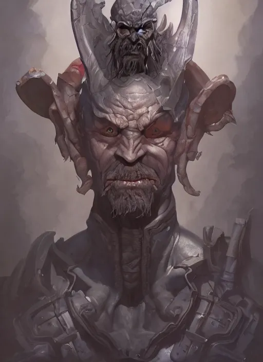 Image similar to portrait of grey goblin priest by artgerm and Craig Mullins, James Jean, Andrey Ryabovichev, Mark Simonetti and Peter Morbacher 16k