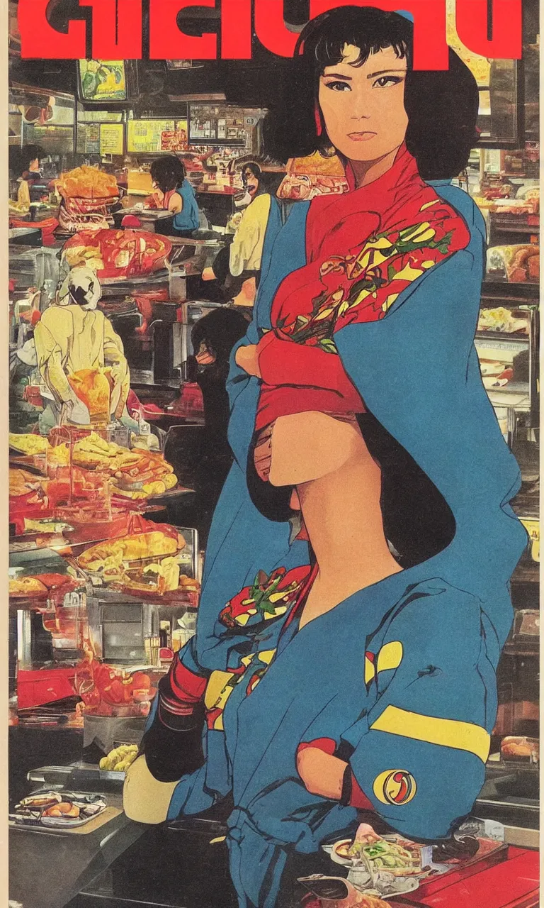 Image similar to 1979 OMNI Magazine Cover depicting a portrait of a Beautiful woman wearing a Gucci kimono in a fast food restaurant, Akira style by Vincent Di Fate