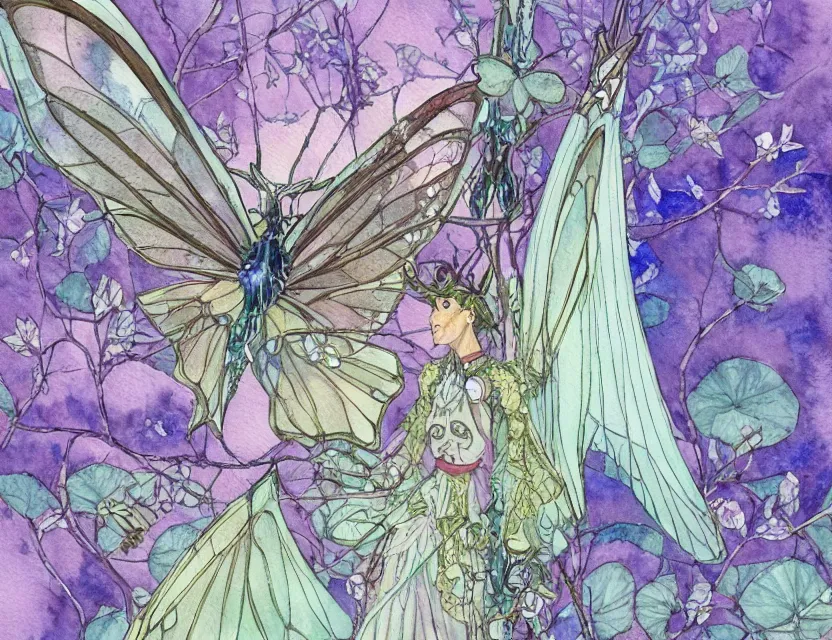 Prompt: faerie hawkmoth in the palace courtyard. this watercolor painting by the award - winning mangaka has a beautiful composition, great sense of depth and intricate details.