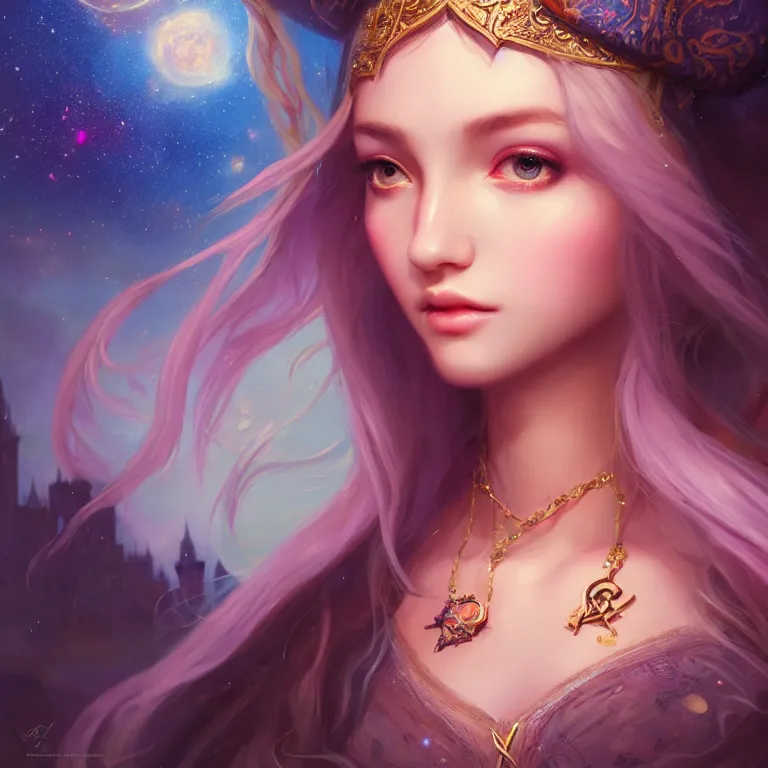 Prompt: masterpiece portrait charming and miracle female luxury astromancer boho accessories in dreamlike movie, ahri, high detailed face, art by artgerm, greg rutkowski, sasoura, satchely, big major starry sky and city in background, uhd, medium long shot, fantasy, twlight, no distorsion, sharp focus,