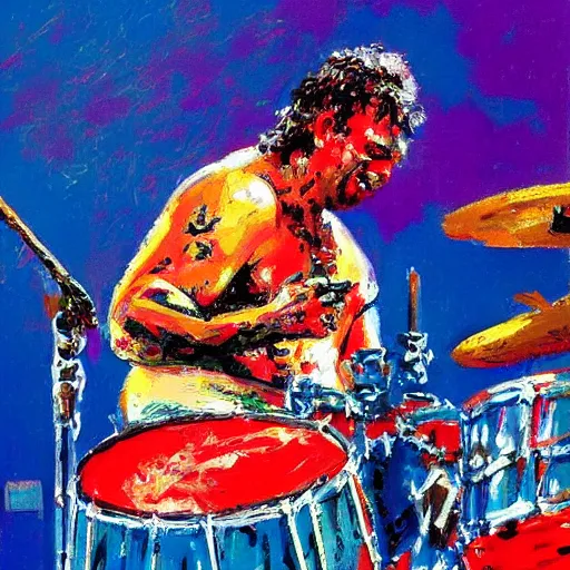 Image similar to painting of neal peart playing a drum solo, by leroy neiman, hd, detailed, award winning