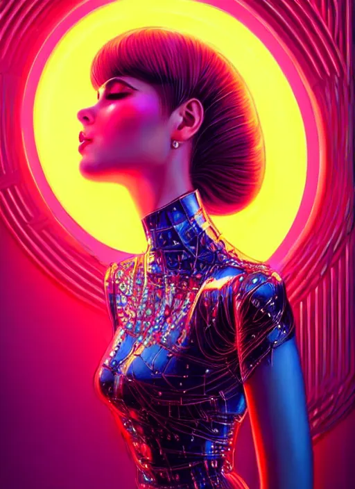 Prompt: photorealistic portrait of female humanoid, cyber neon lights, highly intricate, retro 6 0 s haute couture fashion, elegant, highly detailed, crispy quality, trending on artstation, trending on pinterest, glamor pose, no signature, no watermark, smooth, cinematic, art by artgerm and greg rutkowski