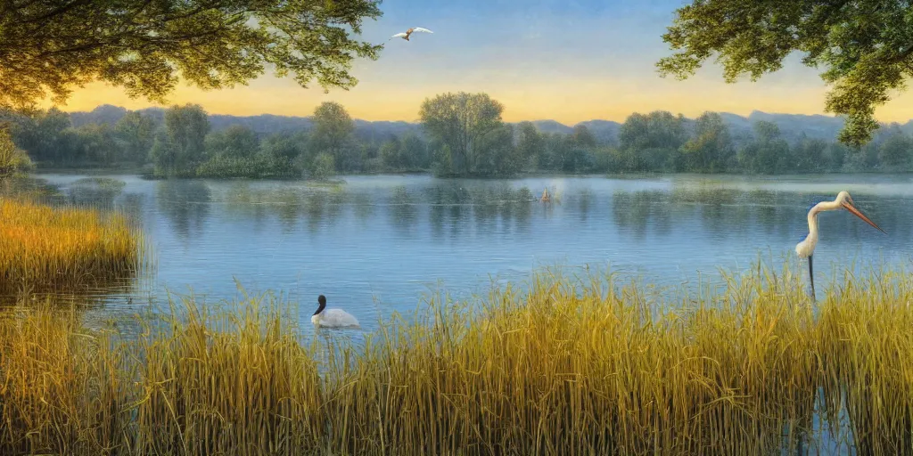 Image similar to a beautiful lake landscape in summer, reed on riverbank, stork in water, no mountains, clear sky, colorful, by Ernest deutsch + Ted Nasmith, cinematic lighting, masterpiece, highly detailed, 8k resolution, trending on art station