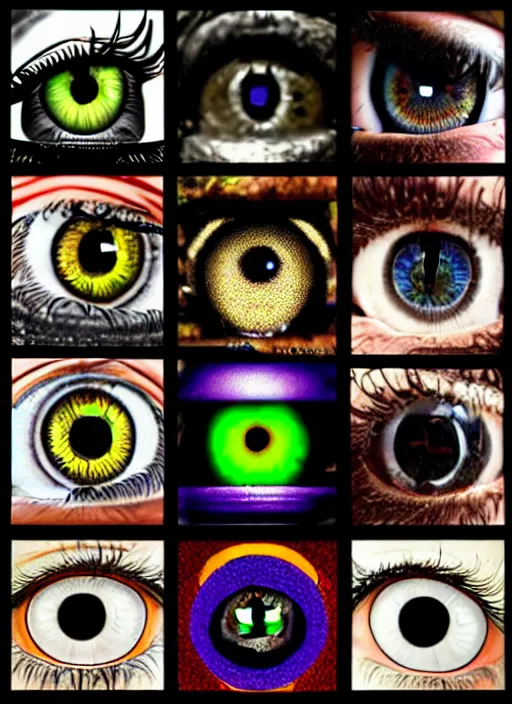 Image similar to grid montage of cube shaped eyes, square shaped black dilated pupils, cube shaped irises, detailed colored textures, eyelashes, advanced art, art styles mix, from wikipedia, wet reflections in square eyes, sunshine light, hd macro photograph, from side, various eyelid positions, square black pupil centered