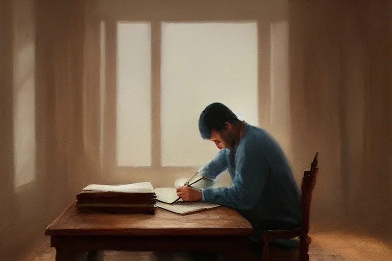 Prompt: a painting of a man writing in a large tome in a foggy room by jama jurabaev, cinematic shot, trending on artstation, high quality, ultra realistic, blue color theme