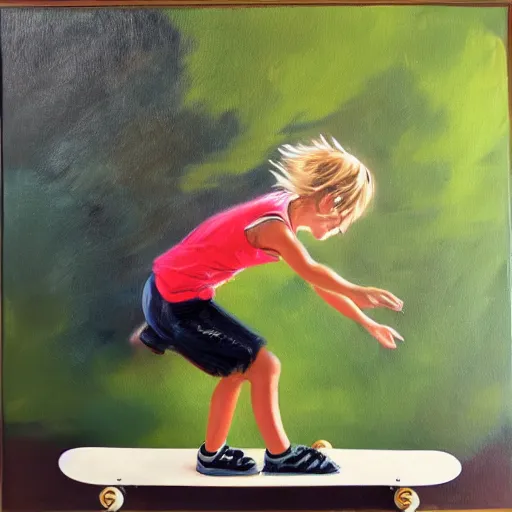 Image similar to girl playing skateboard, oil painting