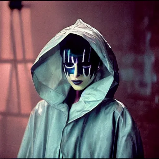 Image similar to cinematic portrait of a runaway replicant with tribal facepaint and a plastic raincoat in an empty room, still from the movie bladerunner, fashion photography