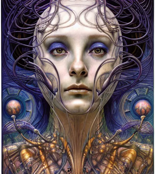 Image similar to detailed realistic beautiful young cher alien robot as queen of mars portrait by jean delville, gustave dore and marco mazzoni, art nouveau, symbolist, visionary, fractal, baroque. horizontal symmetry by zdzisław beksinski, iris van herpen, raymond swanland and alphonse mucha. highly detailed, hyper - real, beautiful