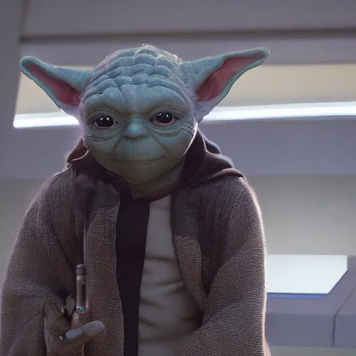 Image similar to yoda in a star trek movie, realistic details, movie shot, 8k