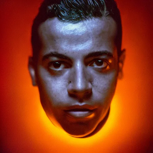 Image similar to portrait of ronaldo luis nazario de lima by yousuf karsh, holy halo, neon ambient lighting, high detail