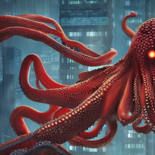 Image similar to Illustration of the Chinese communist party as a dirty octopus with lots of tentacles, dystopian, dirty, 3d shaded, cyberpunk, volumetric lighting, cgsociety, imax, highly detailed