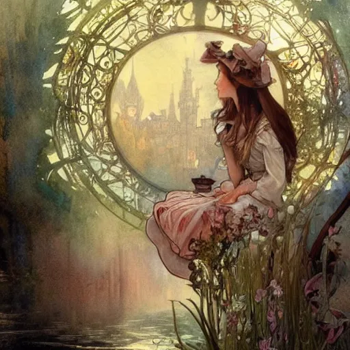 Image similar to a beautifull intricate watercolour painting of alice in wonderland scene, reflexions, verry high details by william turner art, greg rutkowski and alphonse mucha, trending on artstation, very very detailed, masterpiece, muted colors