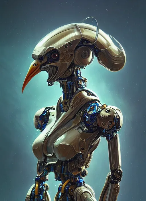 Prompt: portrait of anthropomorphic mecha - stork protoengineer biohacker, intricate, elegant, highly detailed animal monster, digital painting, artstation, concept art, smooth, sharp focus, illustration, art by artgerm and greg rutkowski and alphonse mucha, 8 k