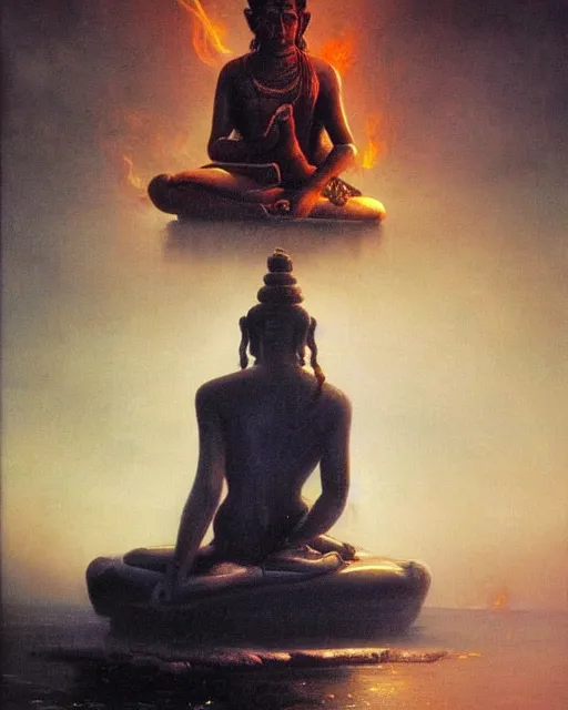 Image similar to One many-armed Shiva sits. In the background gasoline on the water. Dark colors, high detail, hyperrealism, masterpiece, close-up, ceremonial portrait, solo, rich deep colors, realistic, art by Yoshitaka Amano, Ivan Aivazovsky