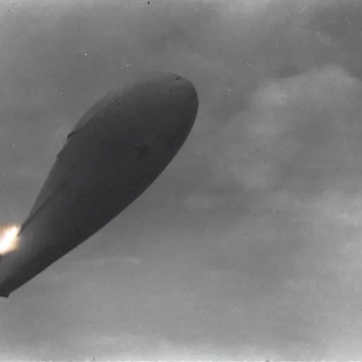 Image similar to ww 2 zeppelin in the sky, huge, firing rockets, bullets, bullet tracers, explosions, war photography