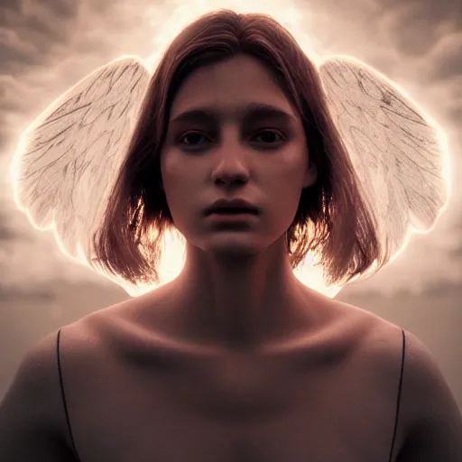 Image similar to portrait art of female angel, art by alessio albi 8 k ultra realistic, angel wings, lens flare, atmosphere, glow, detailed, intricate, full of colour, led lighting, trending on artstation, 4 k, hyperrealistic, focused, extreme details, unreal engine 5, masterpiece