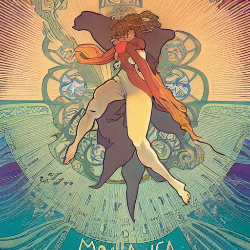 Image similar to a dolphin leaps out of the ocean, astral projection, astral travel, space background, cinematic, detailed, very realistic, by Alphonse Mucha, Moebius, Laurie Greasley, 8k