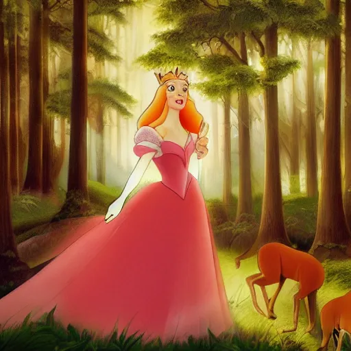 Prompt: A detailed painting of Princess Aurora singing in the woods while animals look on. The colors are light and airy, with a hint of mystery in the shadows. The overall effect is dreamlike and fairy-tale like. warm red, Prada by Leiji Matsumoto control the soul, fantastic