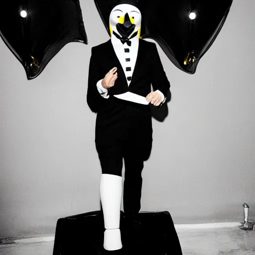 Prompt: photo of a man in a suit wearing a latex mask of a emperor penguin, at a nightclub, back photo