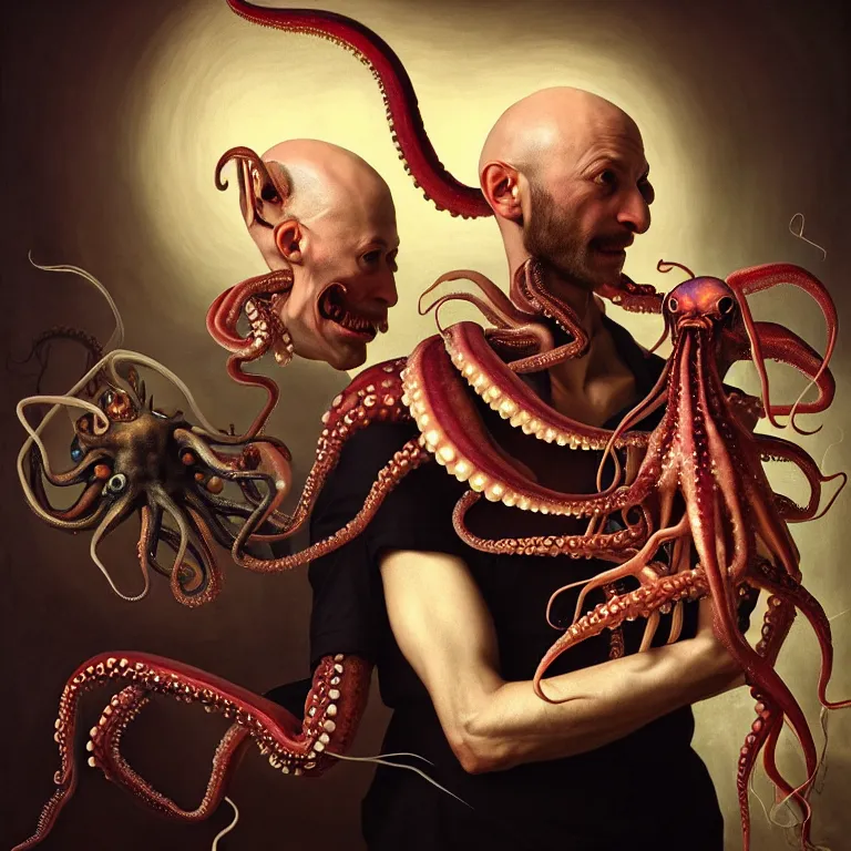 Prompt: young manly bald man wearing exoskeleton, holding a squid, octopus, shell, black background, beautiful baroque portrait painting, psychedelic, trippy, hallucination, dream, beautiful detailed intricate insanely detailed octane render trending on Artstation, 8K artistic photography, photorealistic, chiaroscuro, Raphael, Caravaggio