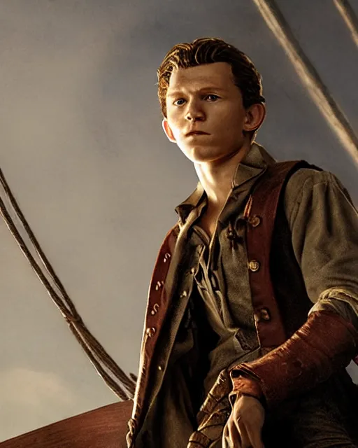 Prompt: film still of tom holland as a pirate, standing on the mast, realistic shaded lighting poster by greg rutkowski, cinematic lighting, sharp focus, highly detailed attributes and atmosphere