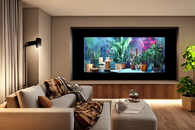 Image similar to very wide angle view, a modern home movie theater with big screen!!, stylish wall sconces lights, detailed art deco decoration!!, plants, popcorn machine, rough watercolor painting, trending on artstation