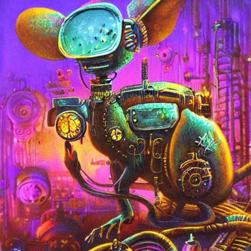 Image similar to steampunk rat, acid, 303, psychedelic, by paul lehr