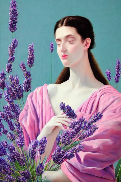 Prompt: hyperrealism close-up mythological portrait of a huge number of lavender flowers merged with with female, turquoise palette, pale skin, wearing pink silk robe, in style of classicism