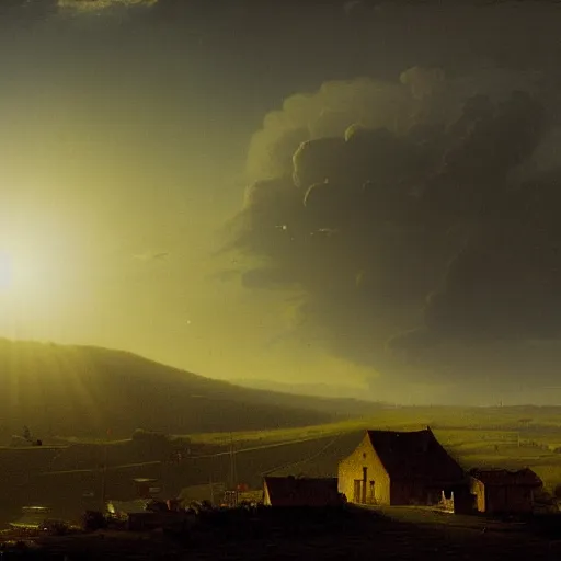 Prompt: dark solar eclipse, above a village, highly detailed, studio 4 k quality, by alexandre calame