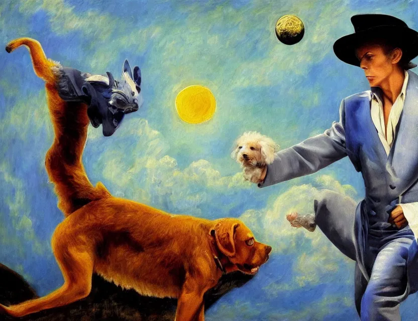 Image similar to an oil painting of david bowie wearing a fedora, kicking a puppy on the moon. painted by monet. baroque elements. baroque element. intricate artwork by caravaggio. oil painting. oil on canvas. award winning. dramatic. trending on artstation. 8 k