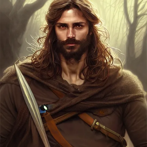 Image similar to Portrait of rugged male ranger, D&D, amber eyes, face, long hair, muscular, fantasy, intricate, elegant, highly detailed, digital painting, artstation, concept art, smooth, sharp focus, illustration, art by artgerm and greg rutkowski and alphonse mucha