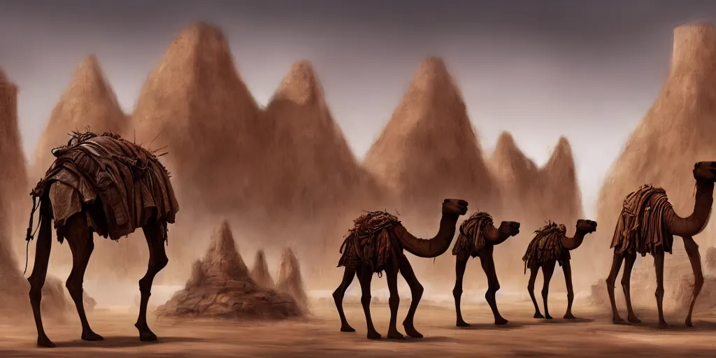 Image similar to bipedal humanoid camel merchants in town square, tents, matte oil painting, retrofuturistic, concept art, quarrying, science fantasy, mutant, lgbt, rpg, epic, rusted, white salt, badlands, jungles, dungeons & dragons, sacred, sharp focus, award - winning, extremely detailed, 4 k, 8 k