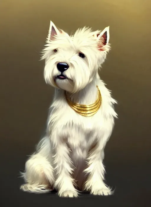 Prompt: a west highland white terrier sitting politely, anime art style, wearing futuristic, golden armor, portrait, high detail, sharp focus, digital painting, artstation, concept art, art by hayao miyazaki and artgerm and greg rutkowski and alphonse mucha.