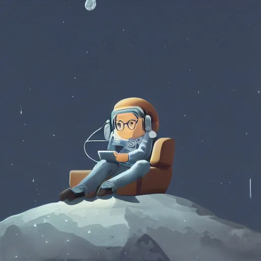 Image similar to medium shot of male wearing headphones sitting on the moon, calm, soothing, relaxed, cosy, quiet, elegant, cybernetic, glows, digital painting, Hayao Miyazaki, realism,