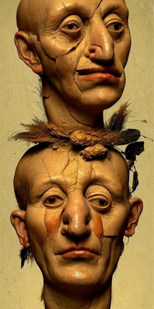 Image similar to very very beautiful portrait photo of 3d face made from primitive objects, Perfect face, extremely high details, realistic, by Giuseppe Arcimboldo, Edward Hopper, Rene Margitte,