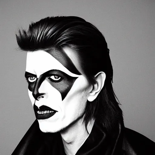 Image similar to black and white photo of david bowie with even pattern yin - yang facepaint face painted into one side white one side black, singing on top of a spaceship