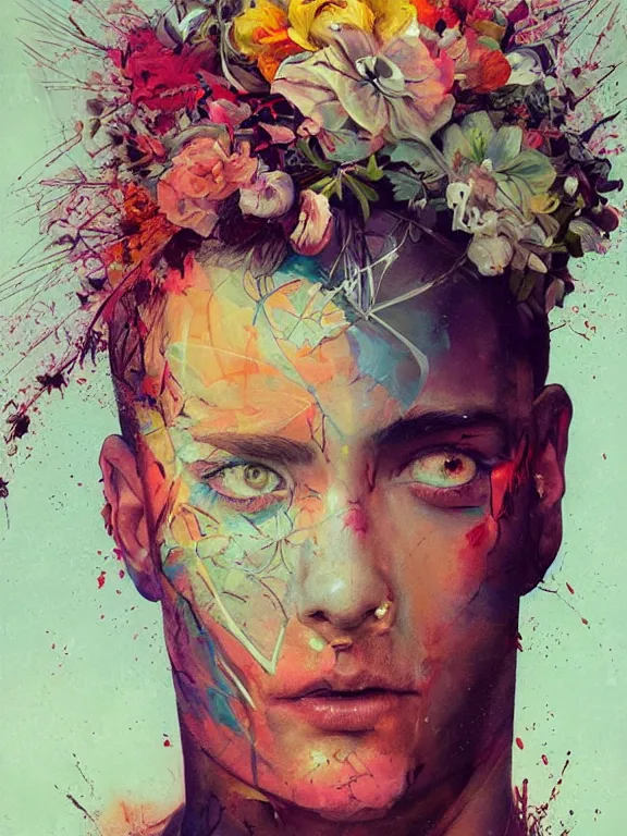 Prompt: art portrait of man with flower in head,by tristan eaton,Stanley Artgermm,Tom Bagshaw,Greg Rutkowski,Carne Griffiths,trending on DeviantArt,face enhance,chillwave,minimalist,cyberpunk,full of colour,