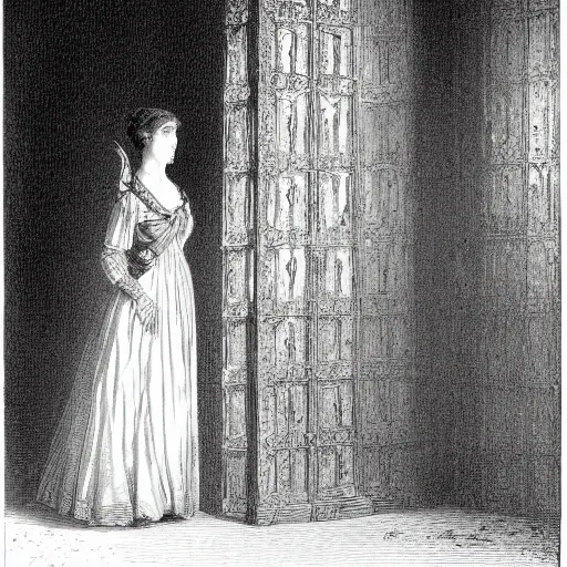 Prompt: Woman in a victorian dress, dramatic light, high contrast, illustration by Paul Gustave Doré