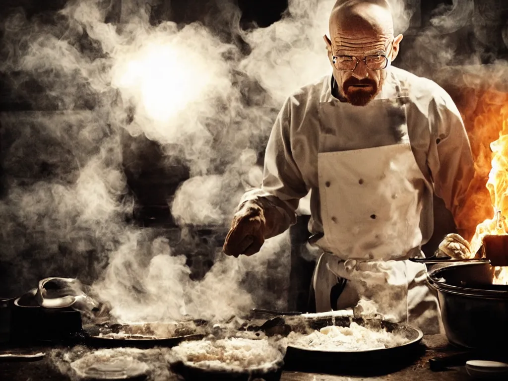 Image similar to walter white cooking eggs in a saucepan. He is looking worried. The stove is on fire. dramatic lighting, movie poster