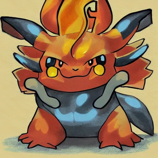 Prompt: illustration of a Fire-type Pokémon inspired by Danny DeVito, art by Ken Sugimori