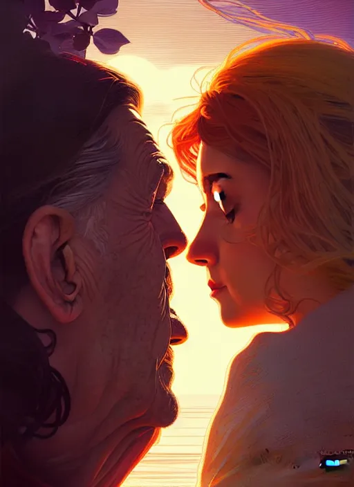 Image similar to contre - jour old couple highly detailed, high quality, digital painting, alena aenami, lilia alvarado, shinji aramaki, karol bak, alphonse mucha, tom bagshaw