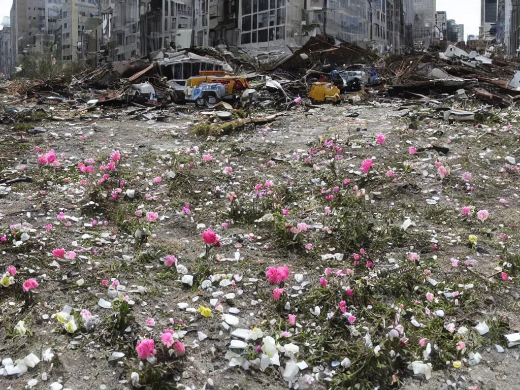 Prompt: flowers spring emerge from debris, city destruction