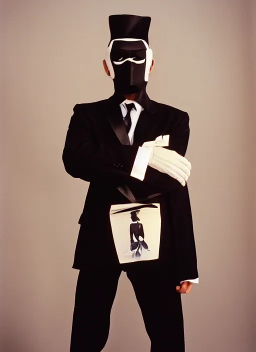 Prompt: a fashion portrait photograph of a man in a black suit wearing mask designed by jean paul gaultier, 3 5 mm, color film camera, pentax