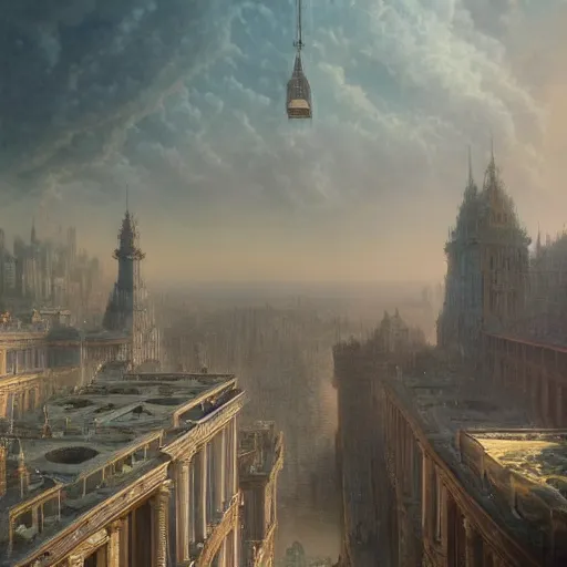 Prompt: a beautiful hyper realistic detailed matte painting of a city floating in the air might looks like creativity by john howe, greg rutkowski, aerial view, unreal engine, barometric projection, rectilinear, octane render, well - rendered, ellen jewett, beautiful surreal palatial pulsar at dawn, gustave dore, ferdinand knab, jeff easley